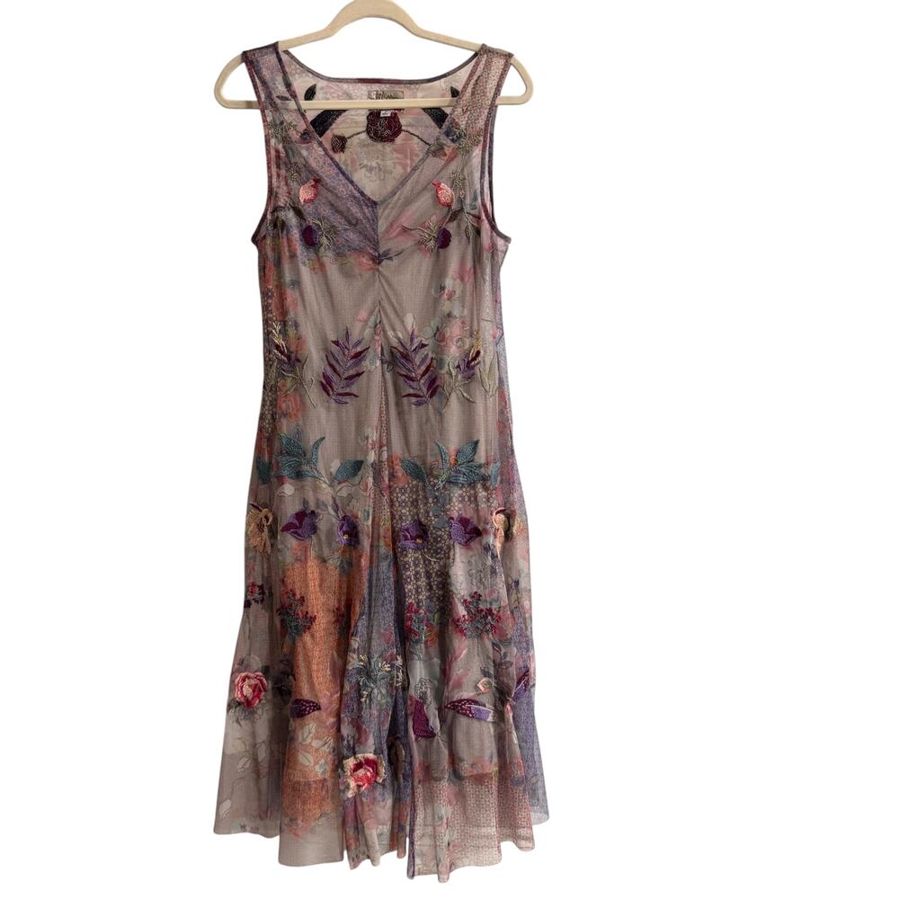 Johnny Was Silvana Midi Dress Womens M Multicolor Embroidered Floral Mesh Lined - Picture 4 of 14